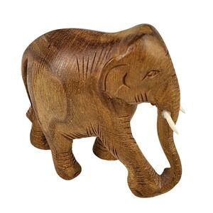 Hand Carved Wooden Elephant Figurine Tusk Trunk Safari Wildlife Statue 2" Mini